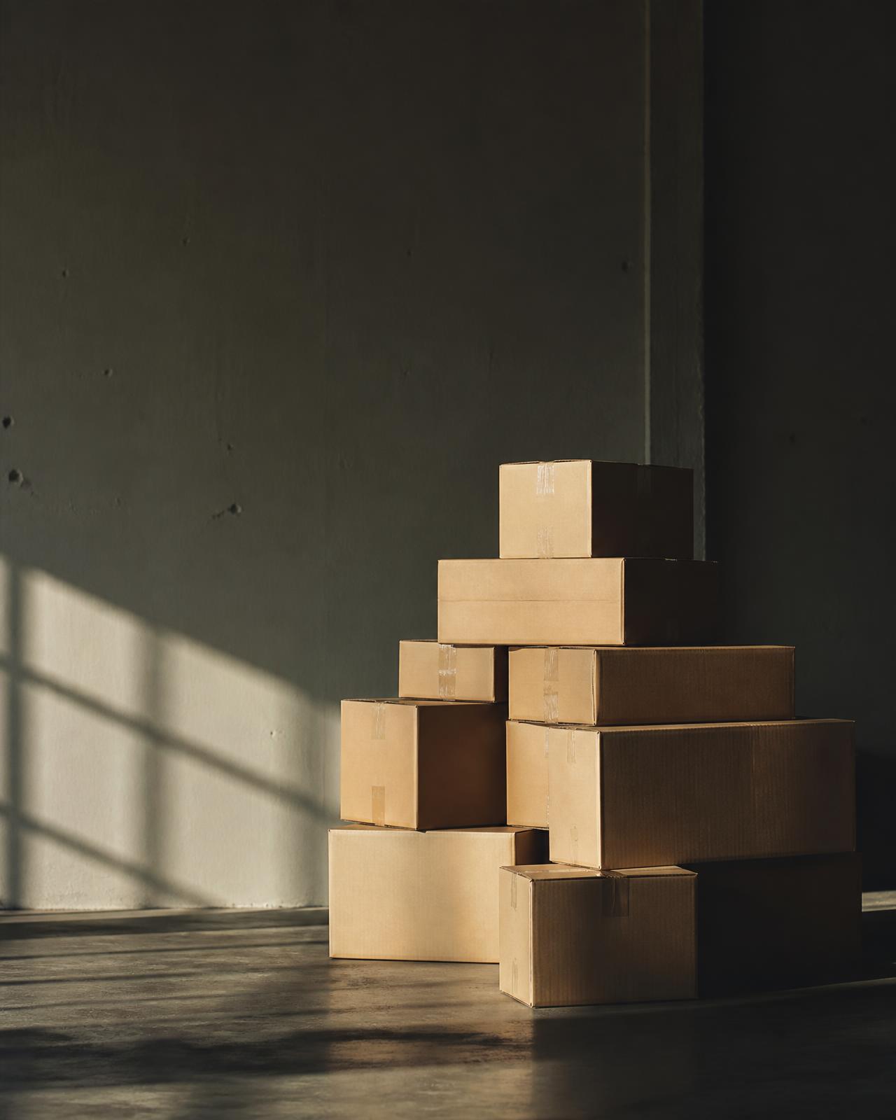 Stack of cardboard shipping boxes in raking window light